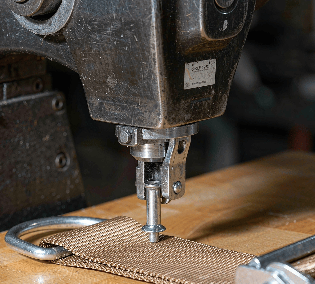 Rivet setting press compressing a rivet on a webbing strap
