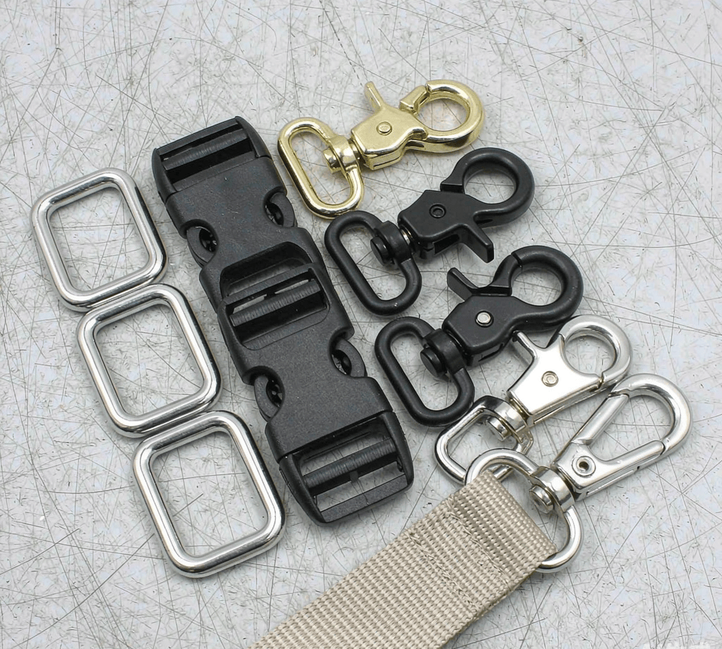 Metal side-release and strap hardware used on heavy-duty bags
