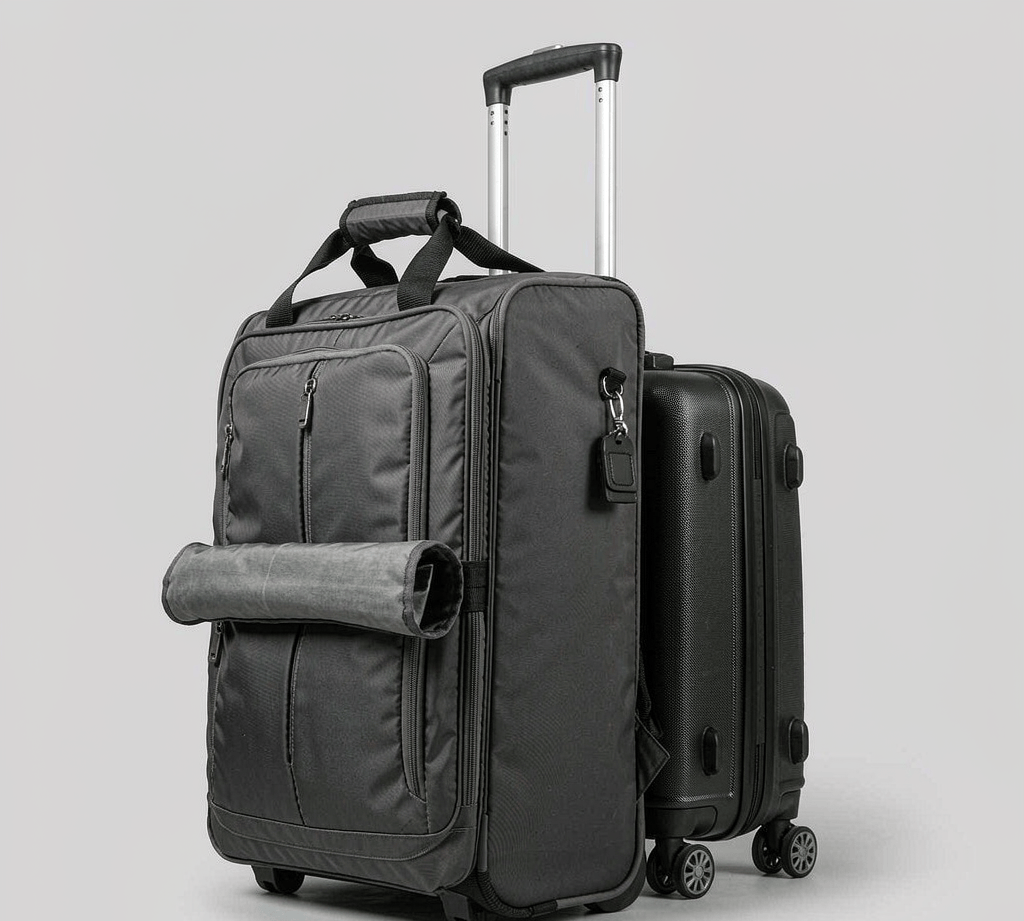Rear of a travel backpack showing a luggage pass-through trolley sleeve sliding over a suitcase handle