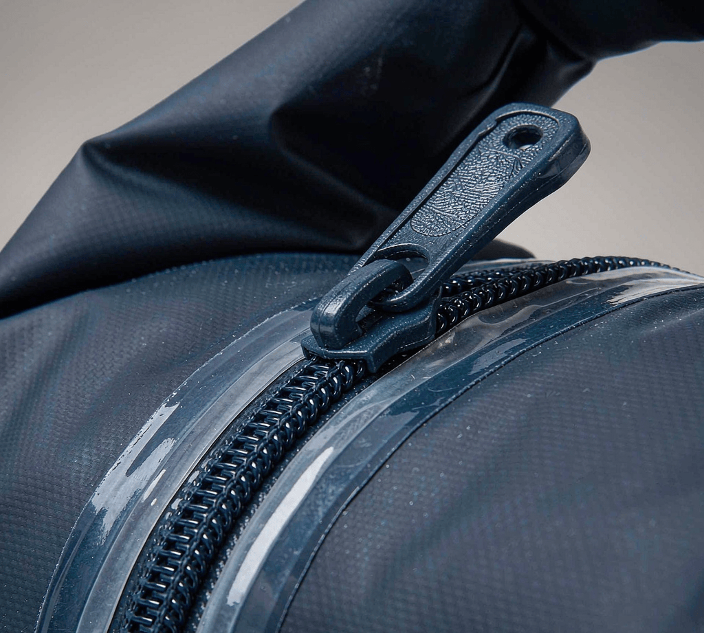 Close-up of a TPU-coated waterproof zipper on a navy outdoor dry bag