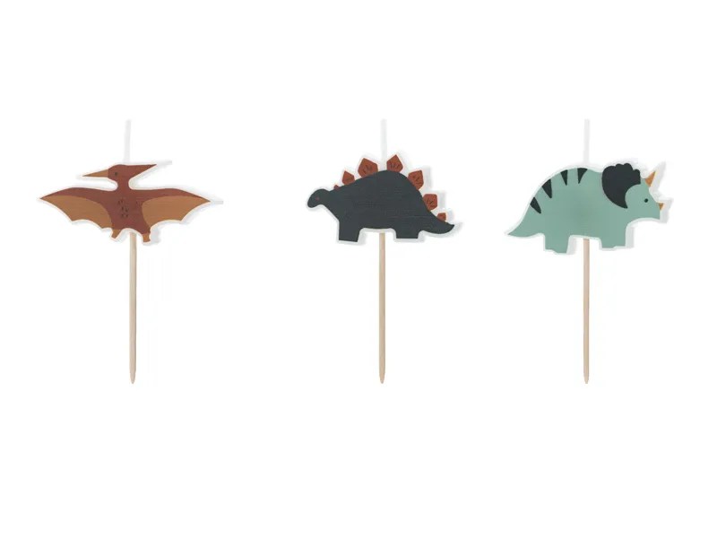 Velas de cumpleaños con diseño de dinosaurios, perfectas para añadir un toque prehistórico y divertido a los pasteles infantiles.