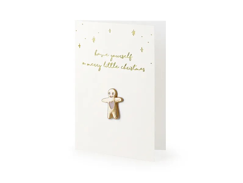 Tarjeta de Navidad con pin de hombre de jengibre de esmalte en blanco con detalles dorados. Incluye sobre blanco.