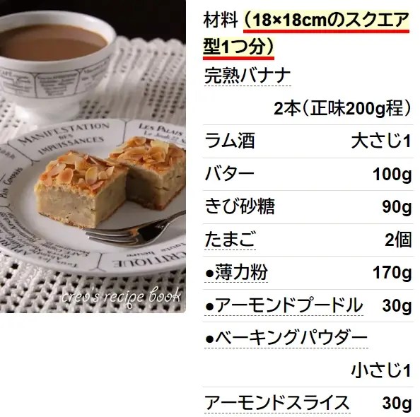 バナナとアーモンドのスクエアケーキ