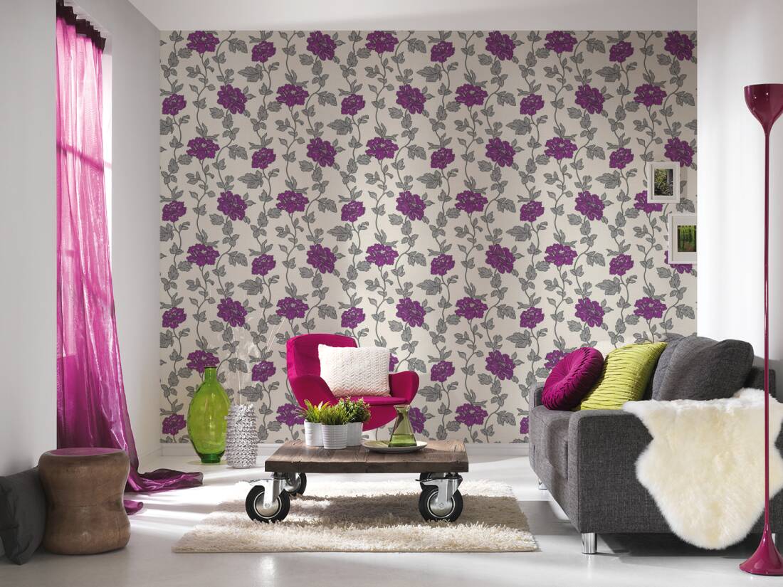Browse designer violet wall coverings by graham & brown perfect . A S Creation Wallpaper Flowers Cream Metallic Purple Silver 366954