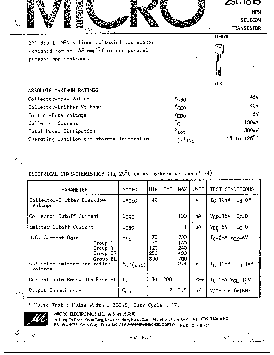 C1815 Micro Electronics Npn Silicon Transistor Html