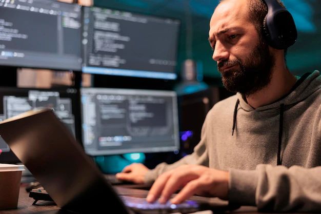 Software Developer Writing Source Code To Create New User Interface Programming Html Script And - Geometric Illustration Collection - Retina Quality