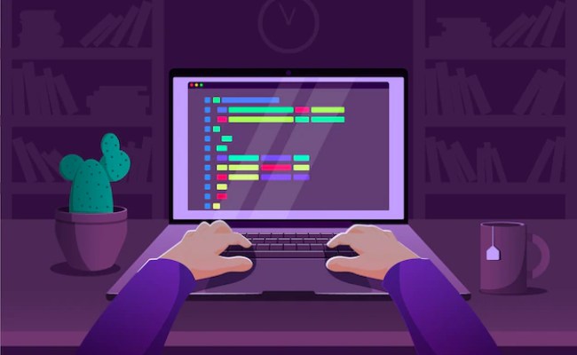 Premium Vector | Man Programmer Working On Computer With Code On Screen ...