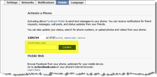 Facebook Mobile Activation Code