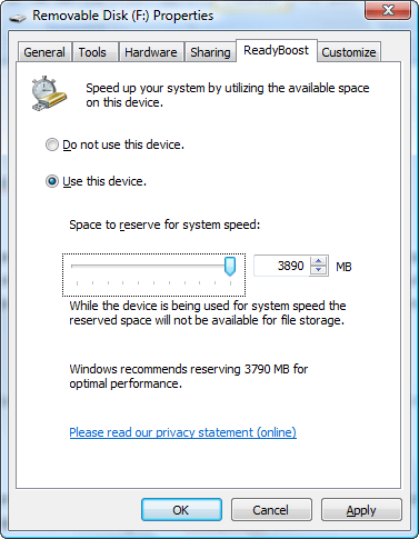 Vista ReadyBoost drive configuration
