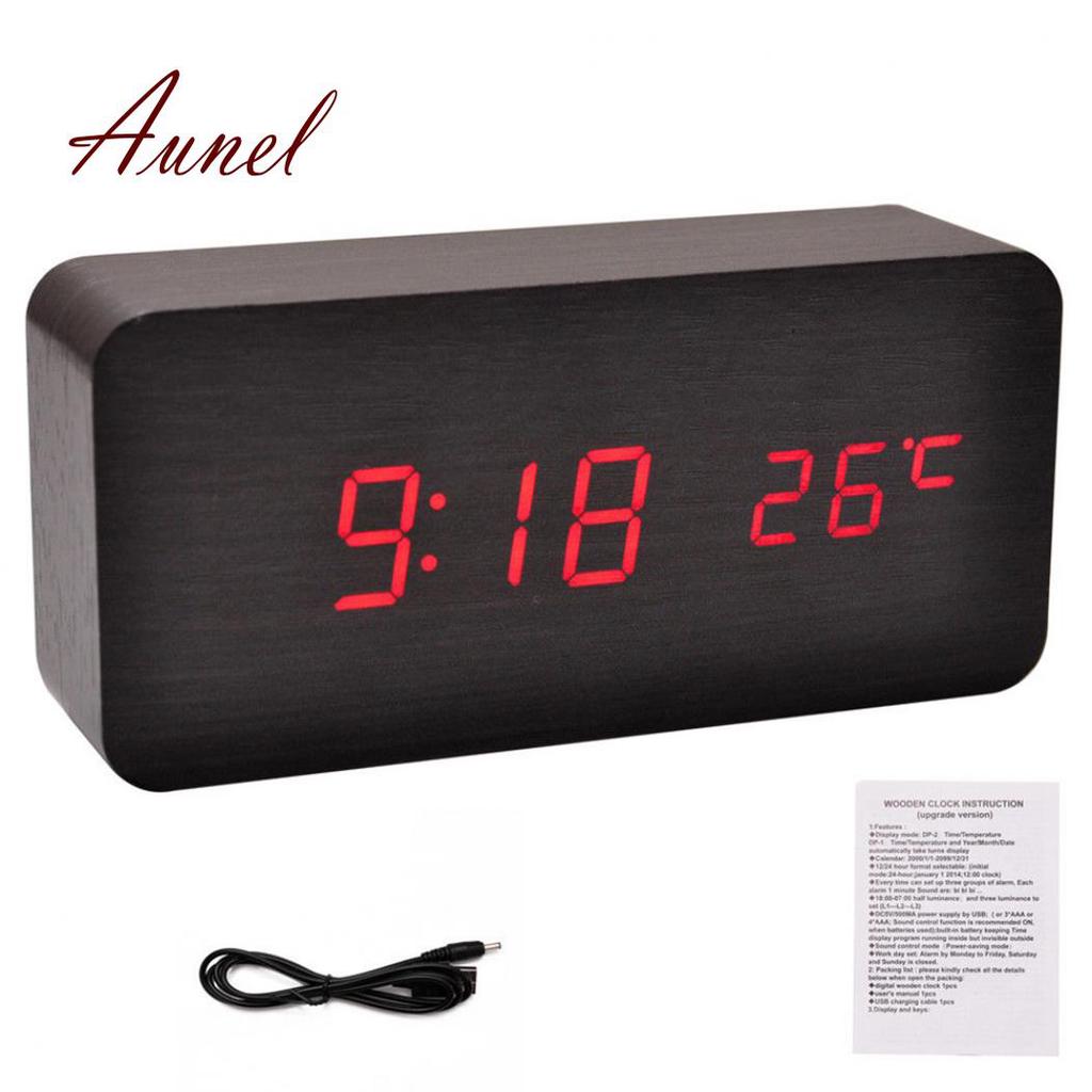 Modern Wooden Wood Usb Aaa Digital Led Alarm Clock Calendar Timer Thermometer