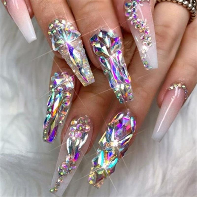pic Rhinestone Acrylic Nails With Gems And Glitter 1 pack glass nail rhinestones diamond teardrop horse eye crystals stones shiny gems nails art decor