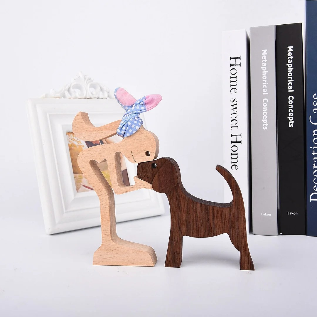 Wooden animal statue for home decor handmade couple and dog sculptures