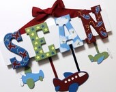 SALE - Airplane Baby Name Sign (5 Letters) - Custom Hand Painted Wood Letters with Planes Theme
