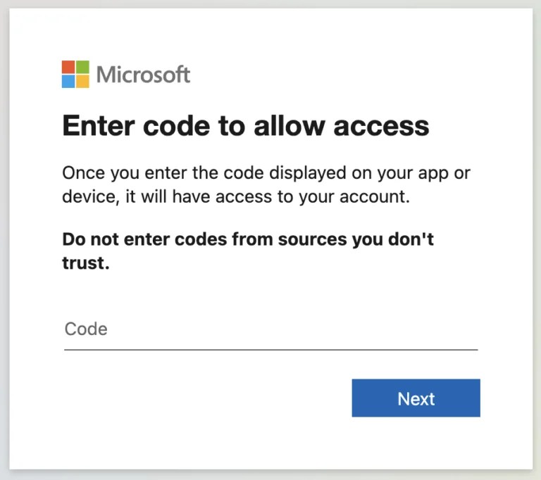 The dialog box shown by the Microsoft Device Code Authentication page (Source: Volexity) Device Code Authentication M365