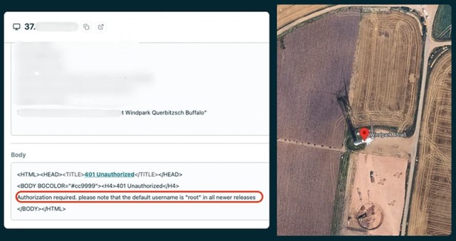 Redacted login page on a wind park, with aerial imagery of the site renewable energy cybersecurity