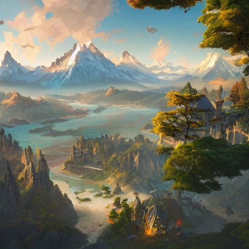 A birds eye view overlooking an ancient fantasy city surrounded