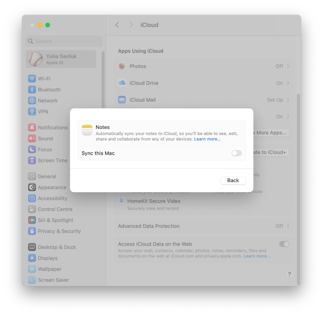 turn off Notes sync on a Mac