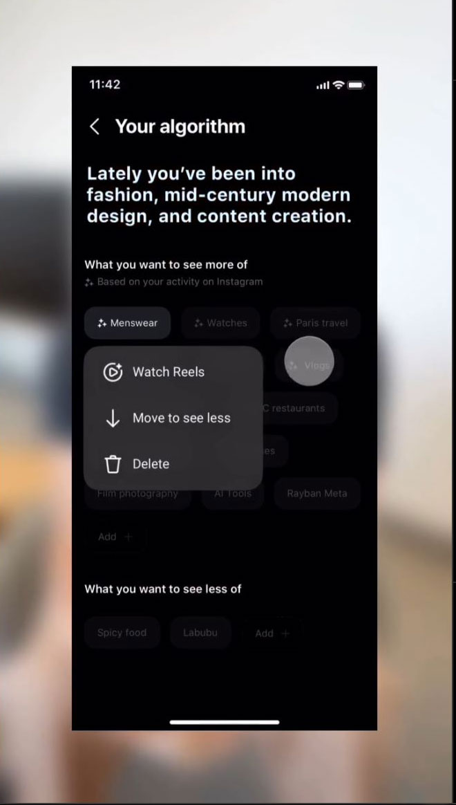 Algorithm editor on Instagram