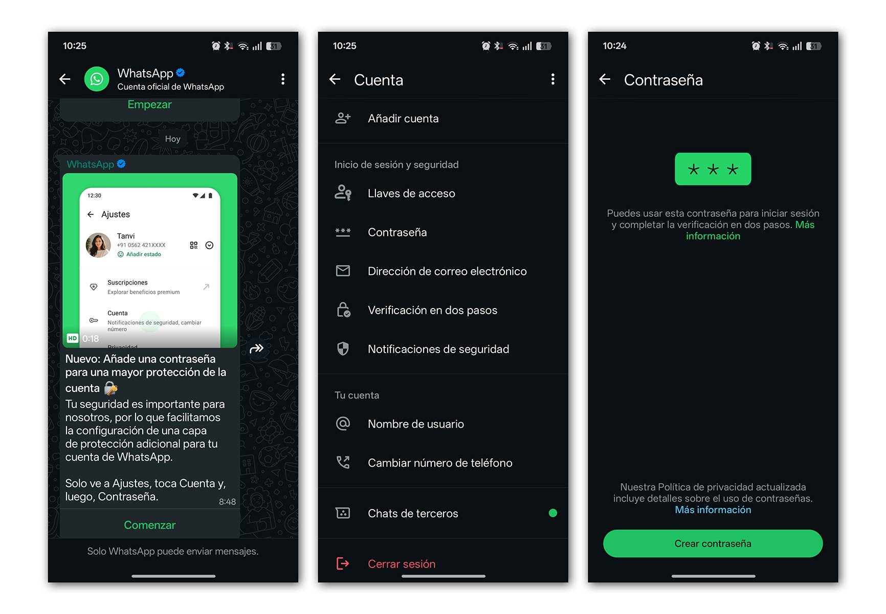 Captura de pantalla de la opción de contraseña en la configuración de WhatsApp