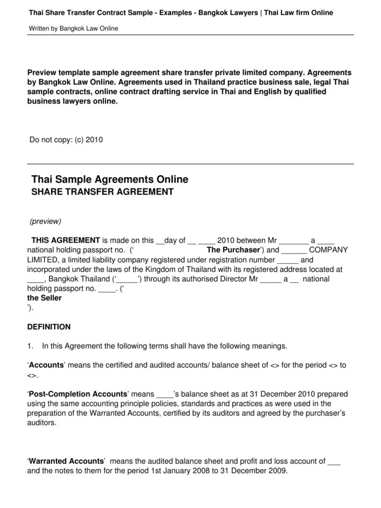 Thai Share Transfer Contract Sample Thailand Indemnity