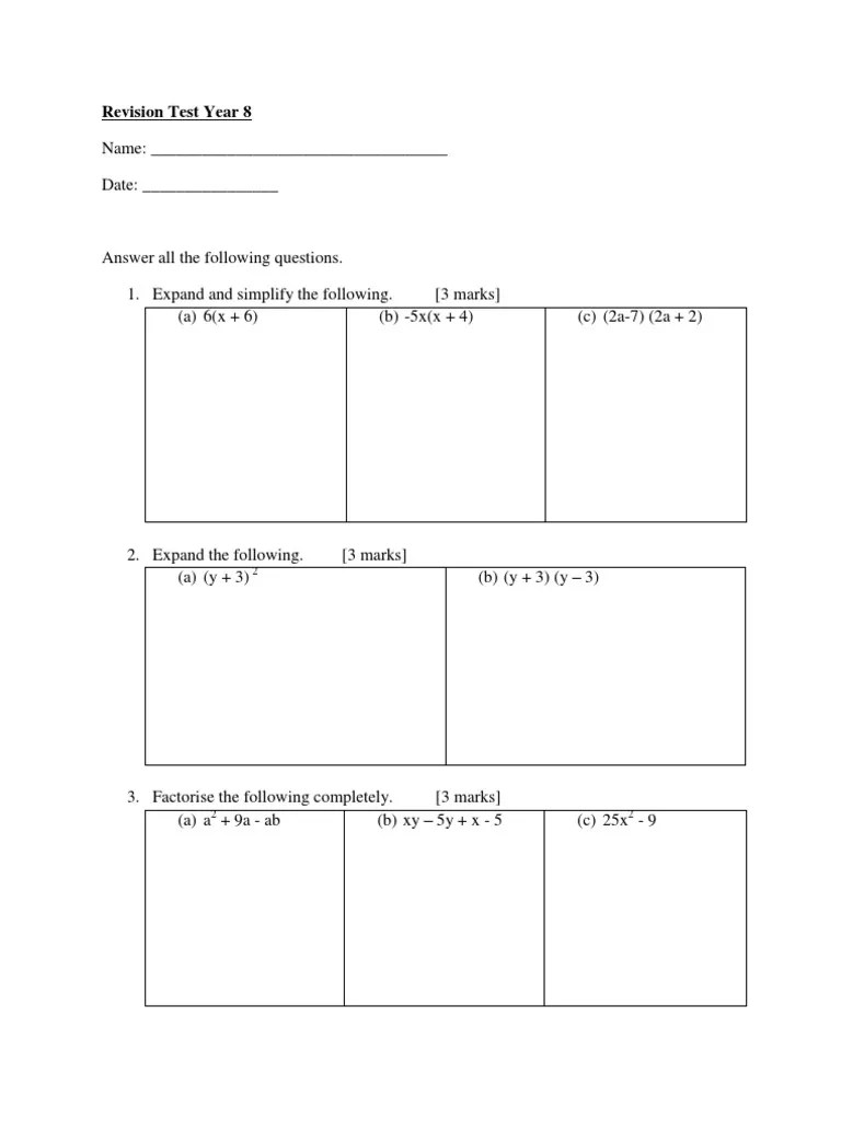 Mathematics Revision Test Year 8