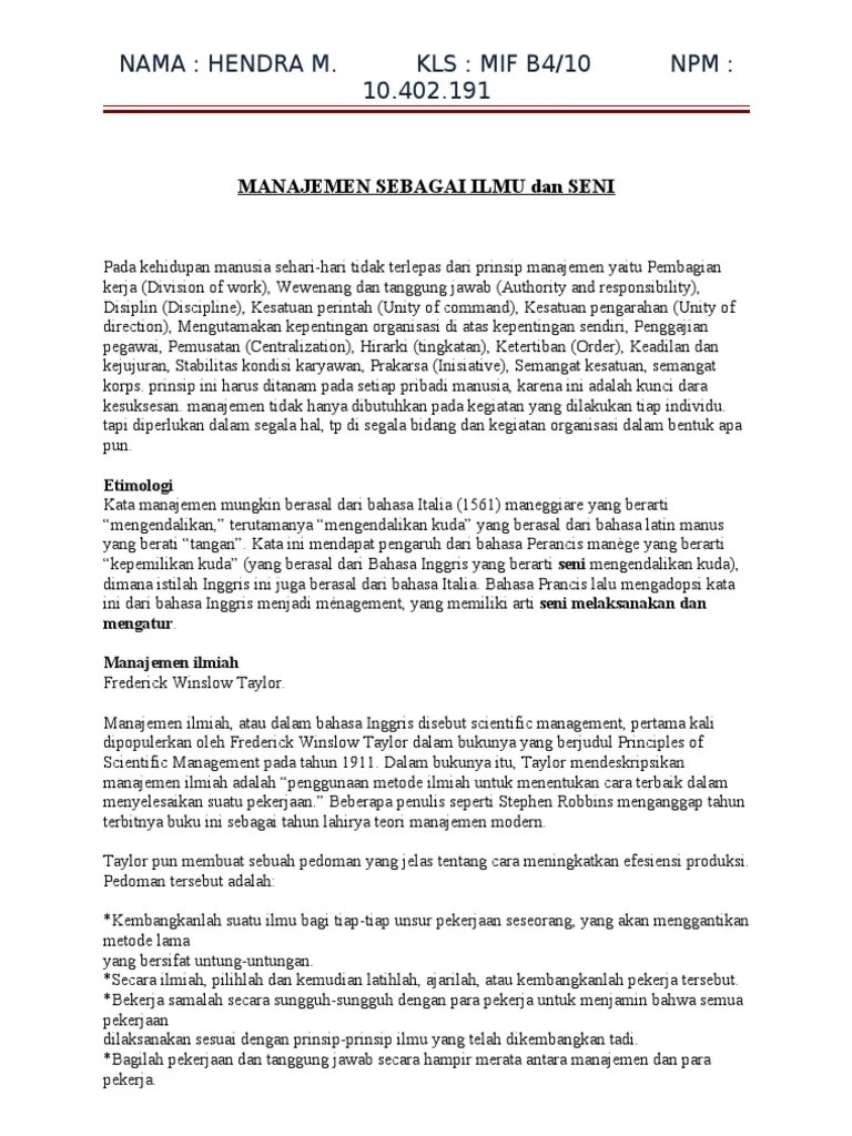 Manajemen Sebagai Ilmu Dan Seni | PDF