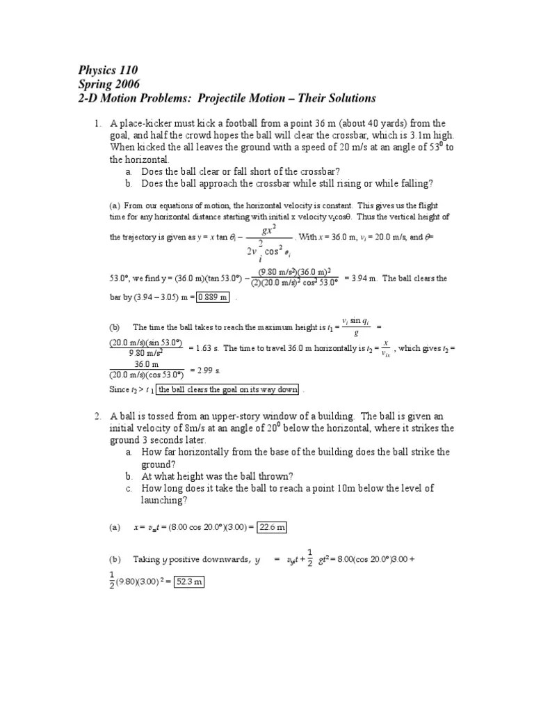 2 D Motion Problems Solutions (Projectile Motion) | PDF | Trajectory ...