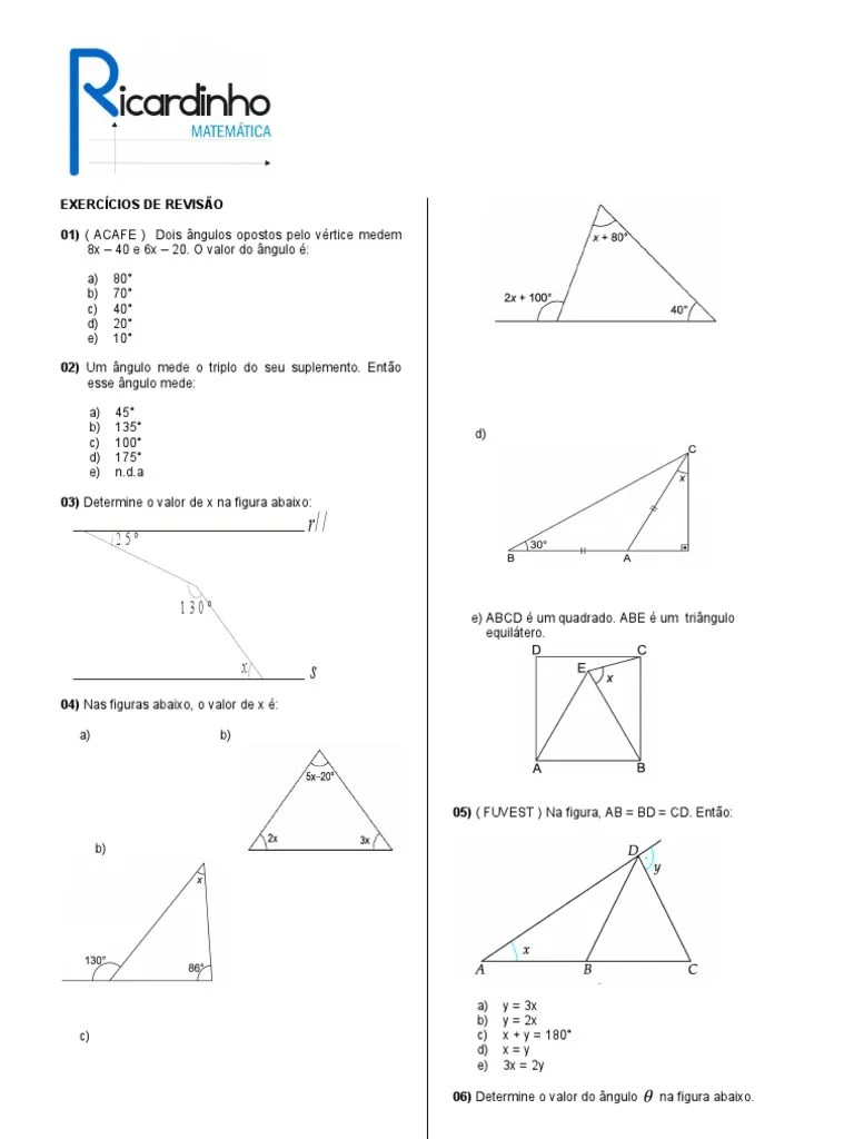 GEOMETRIA PLANA - EXERCÍCIOS DE REVISÃO - Prof. RICARDINHO | PDF