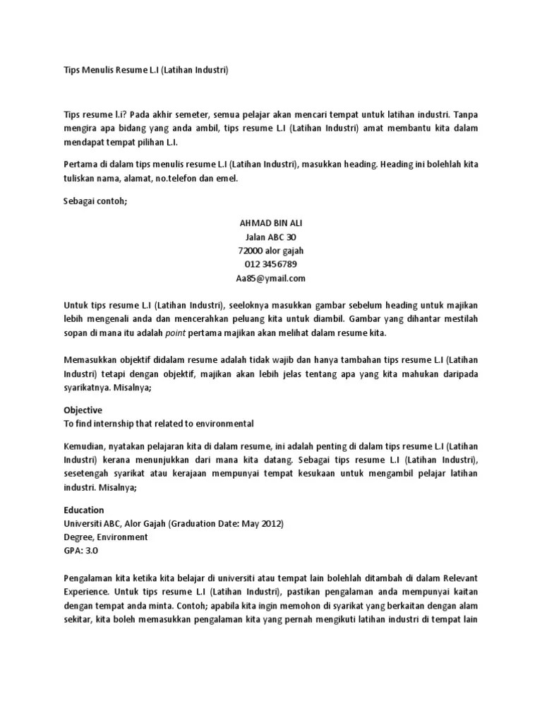 Resume lengkap untuk memohon kerja (pelajar latihan industri) resume mohd. Panduan Internship Latihan Industri Resume Pdf
