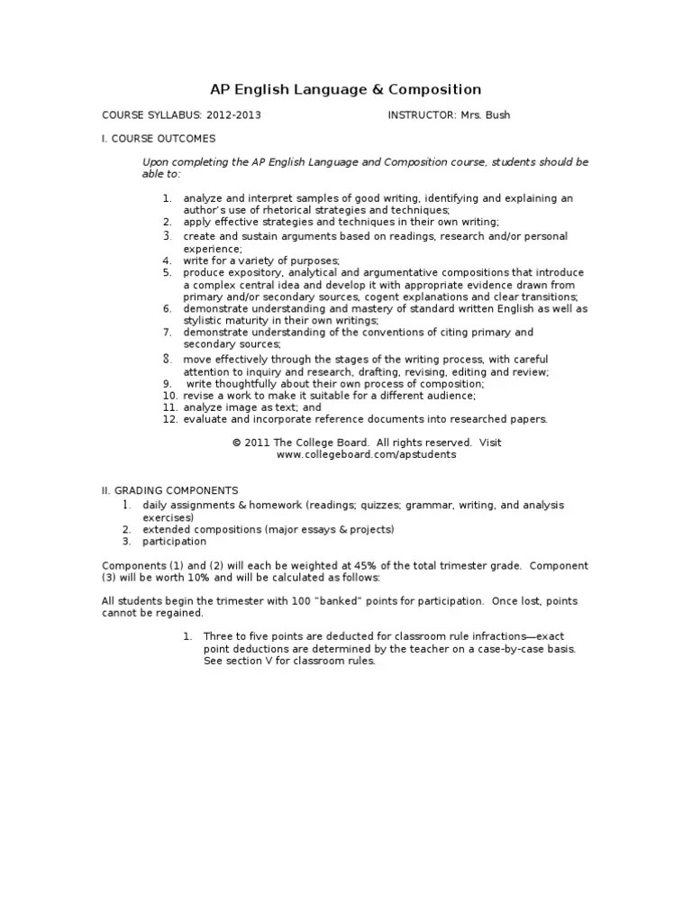 AP Lang Syllabus | PDF | Homework | Pedagogy