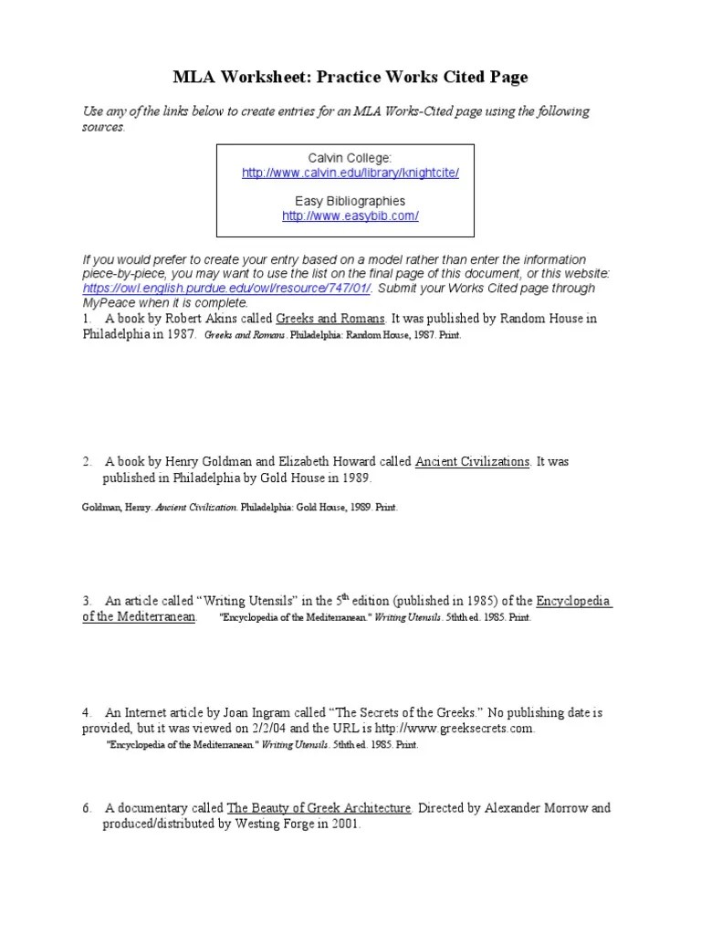 Read over the class set sample research paper. Mla Practice Worksheet Done Pdf Publishing