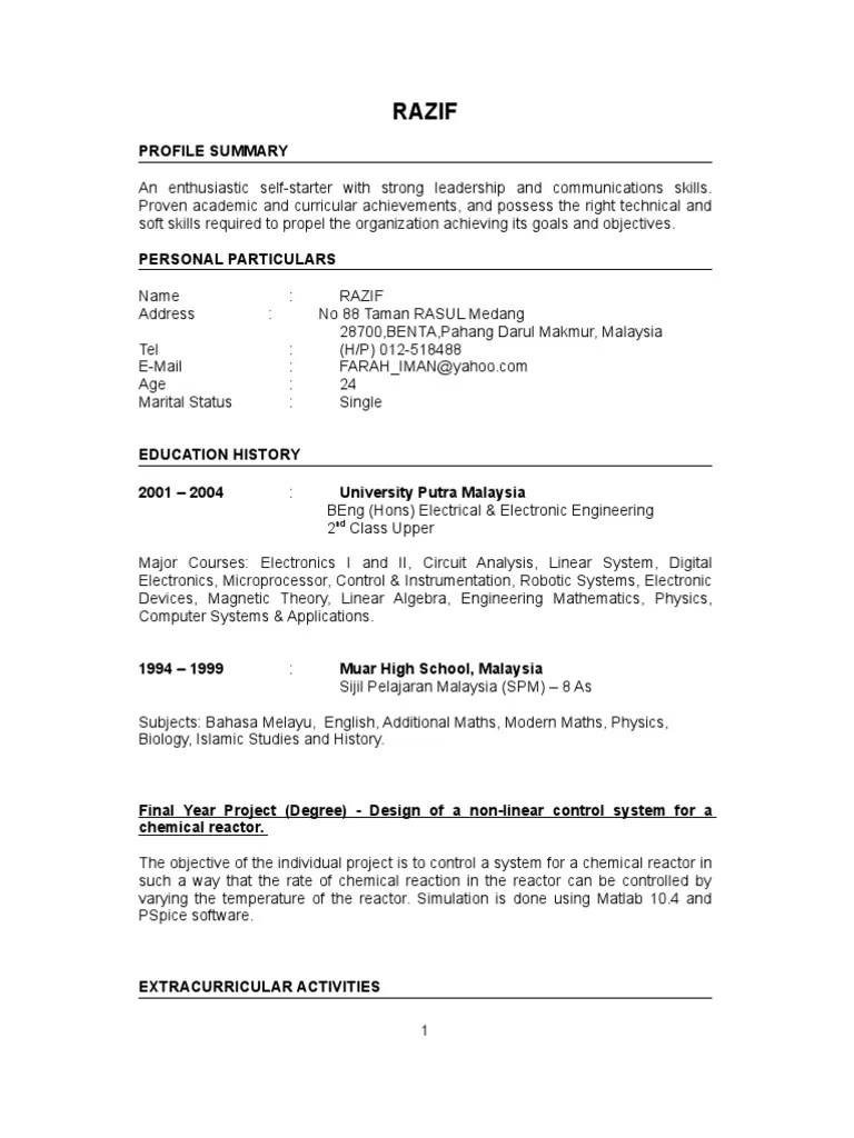 Fresh graduate in bachelor's degree in accountancy with cgpa 3.23 is looking for a suitable account position. Fresh Graduate Resume Sample Pdf Electronics Electrical Engineering