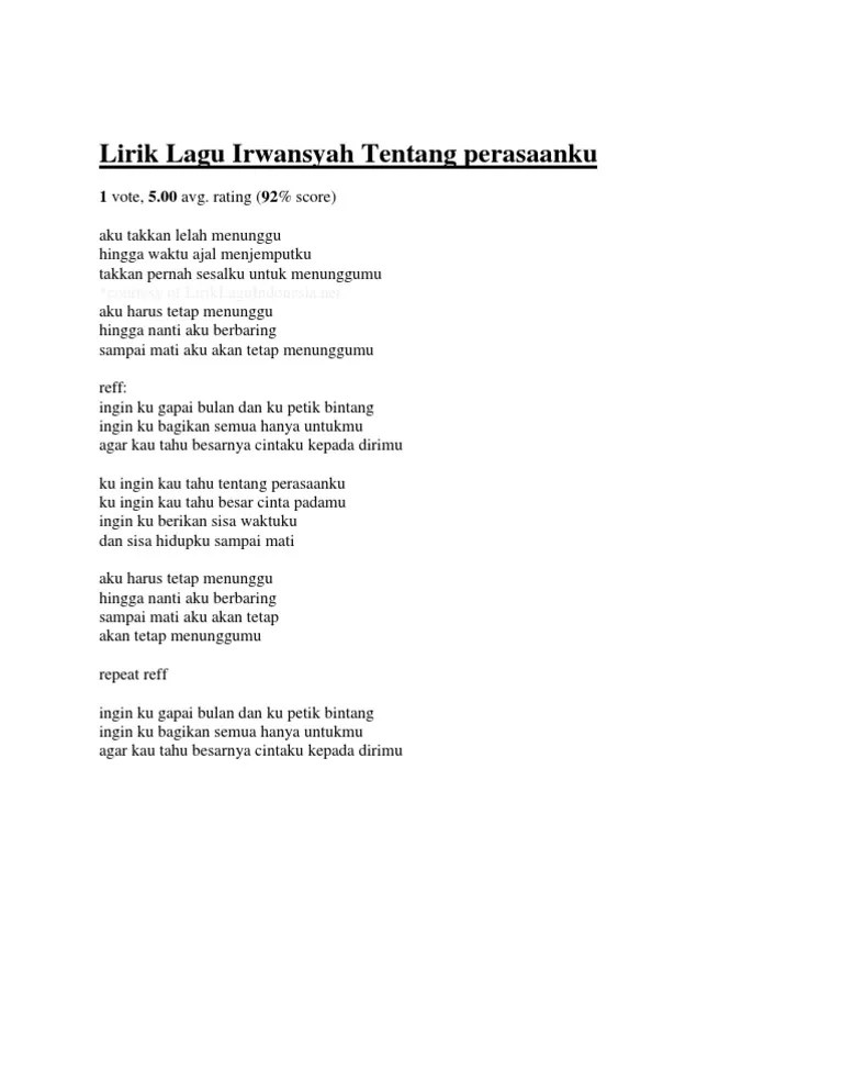 Lirik Lagu Irwansyah Tentang Perasaanku | PDF