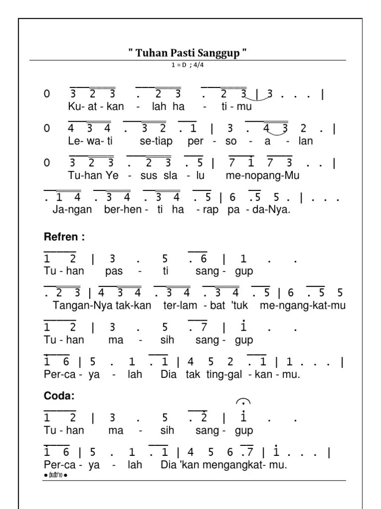 Not Angka Lagu Rohani Tuhan Pasti Sanggup C GB Am G.