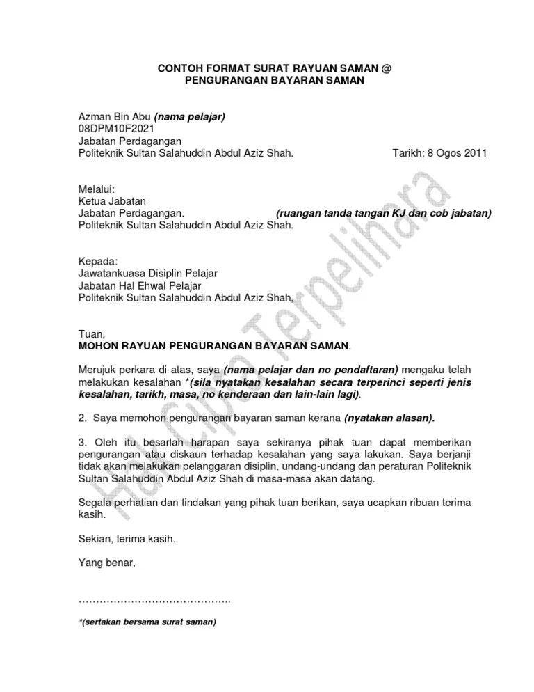 Contoh Surat Rayuan Kepada Lhdn