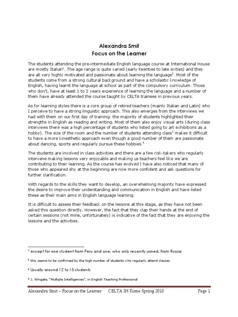 CELTA - Focus On The Learner Assignment | Curriculum | English Language