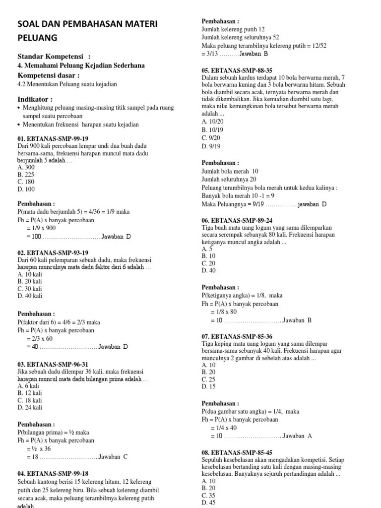 Soal dan pembahasan peluang tingkat smp sederajat mathcyber1997 from mathcyber1997.com. Soal Dan Pembahasan Materi Peluang Pdf