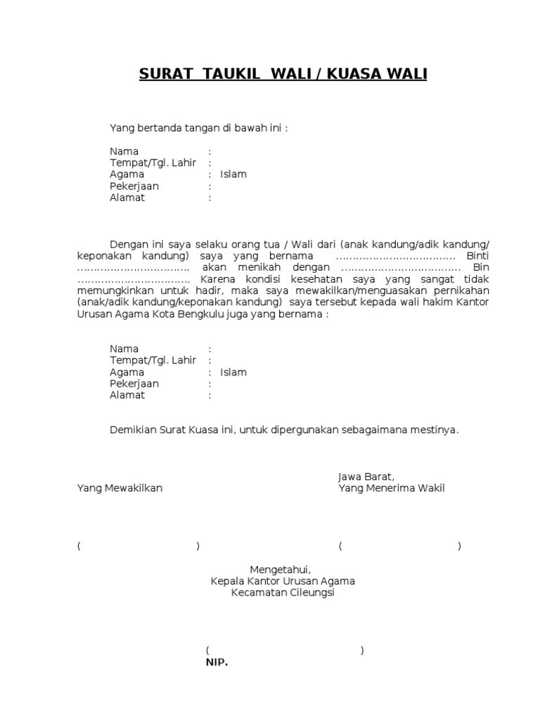 Surat keterangan untuk nikah (didapat dari kelurahan); Taukil Wali Pdf