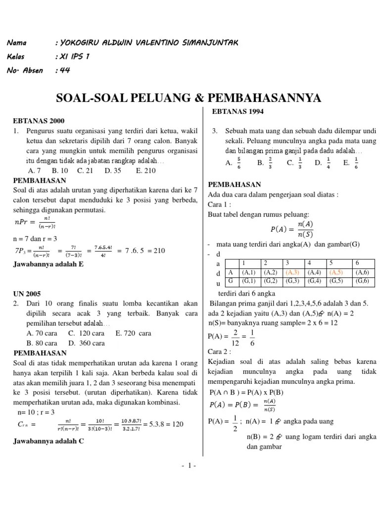 12 Contoh Soal Peluang Dan Pembahasannya Kelas 12 Pdf Pics 