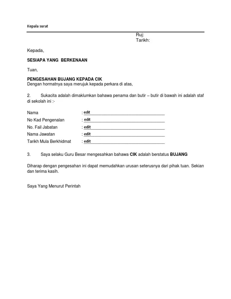 Contoh Surat Pengesahan Bujang 