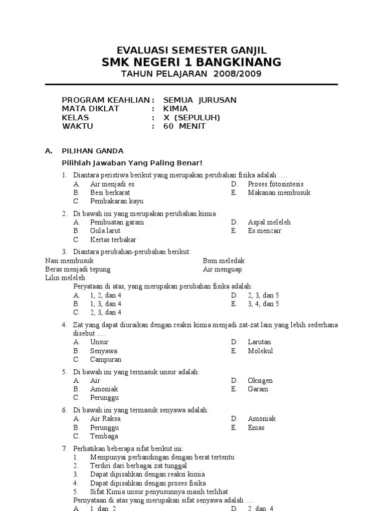 Materi kimia kelas 10 sma semester 2. Soal Kimia Kls 10 Semester 1 Pdf Jawabanku Id