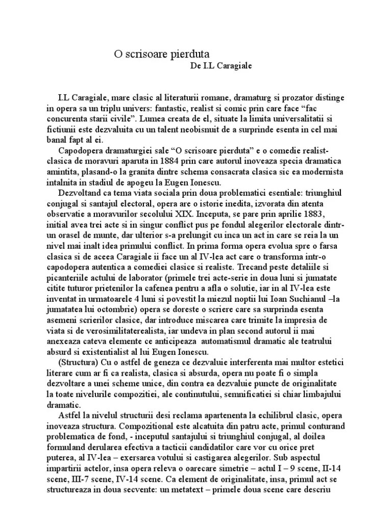 O scrisoare pierduta comentariu bac. O Scrisoare Pierduta Pdf
