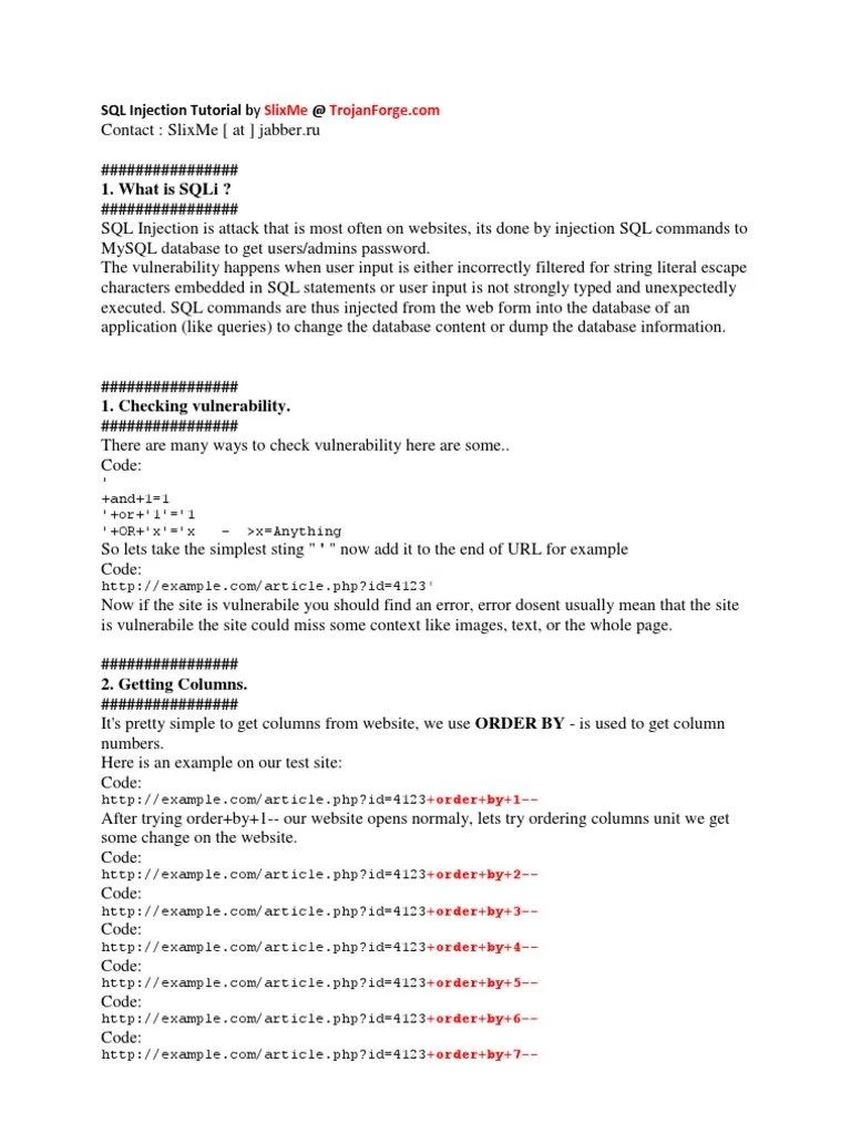 SQL Injection Tutorial By SlixMe | PDF | Data Management | Databases