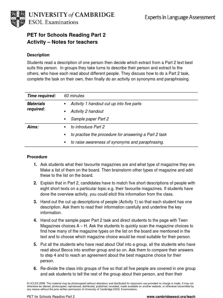 PET For Schools Reading Part 2 | PDF | Reading Comprehension | Communication