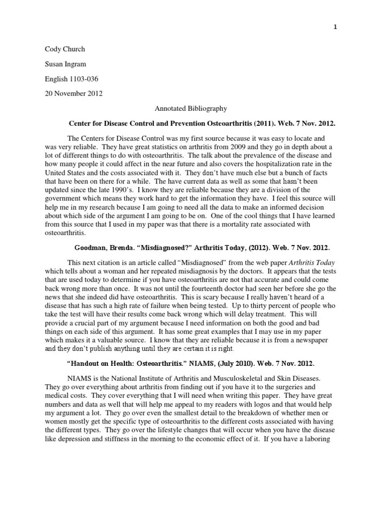 Annotated Bibliography Final Draft | PDF | Arthritis | Osteoarthritis