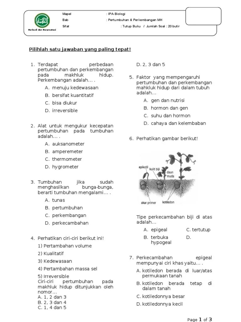 Berisi kumpulan soal biologi saintek yang lengkap banget untuk belajar sbmptn & simak ui. Uh Pertumbuhan Dan Perkembangan 20 Soal Pdf