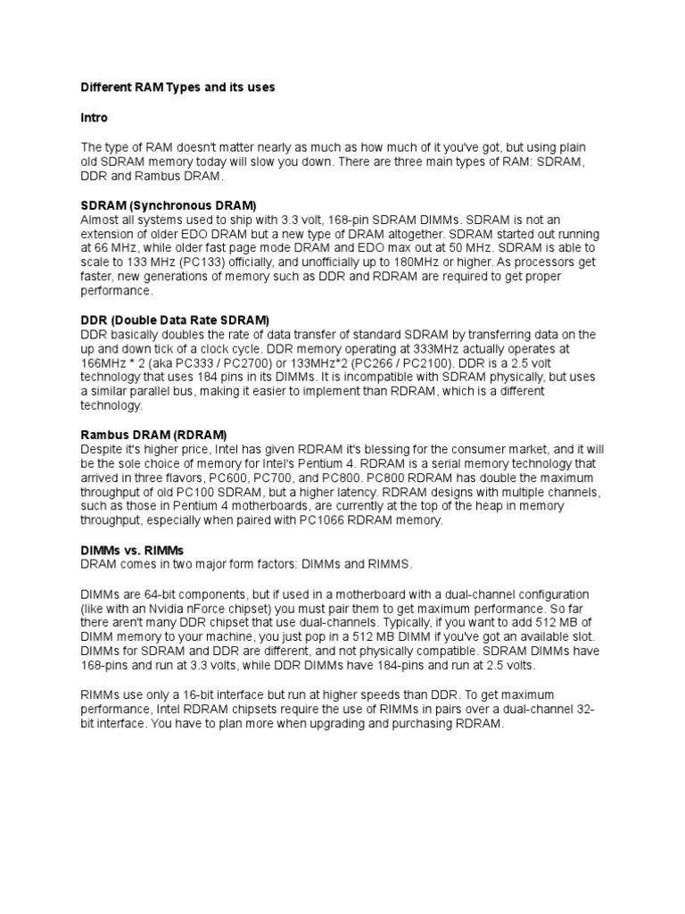 Different RAM Types And Its Uses | PDF | Dynamic Random Access Memory ...