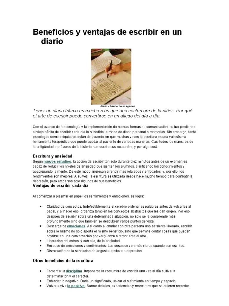 Beneficios Y Ventajas De Escribir En Un Diario | PDF | Escritura | Ansiedad