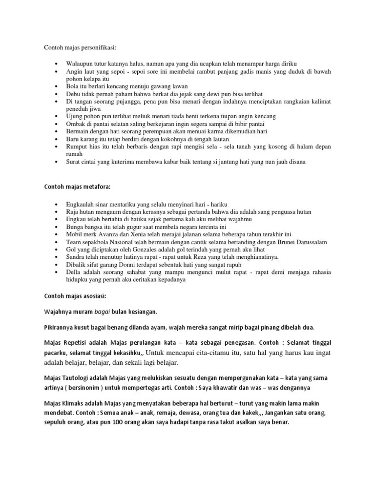 Namun sebagai inspirasi, akan saya tuliskan beberapa contoh kalimat majas personifikasi, silakan pengembangannya bisa disesuaikan sendiri. Contoh Majas Personifikasi Pdf