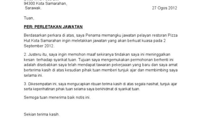 Surat Rasmi Berhenti Kerja Notis Seminggu Srasmi Otosection